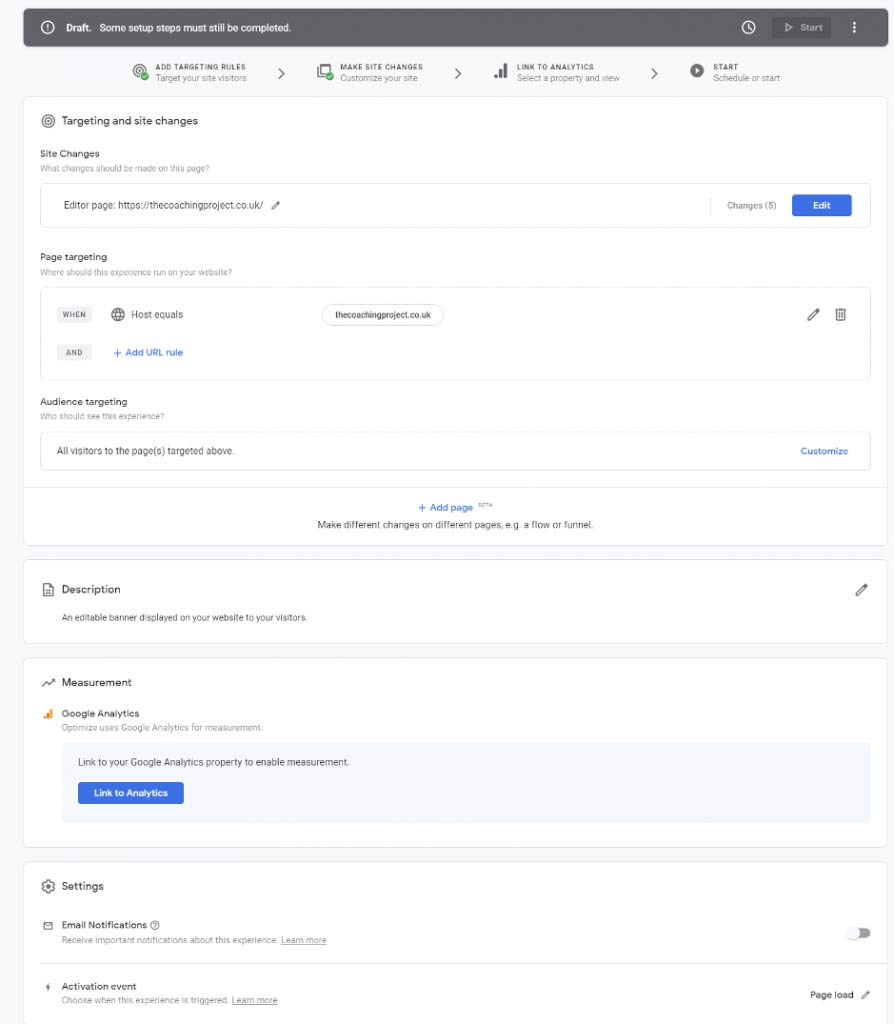 Screen grab implementing COVID-19 banner in sticky header via Google Optimize