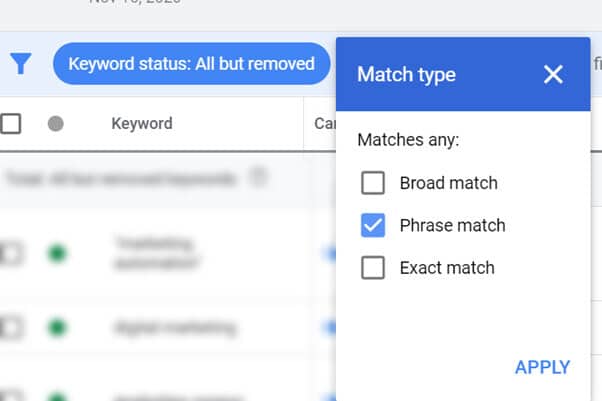 Keyword Search Phrase Match Screen Grab