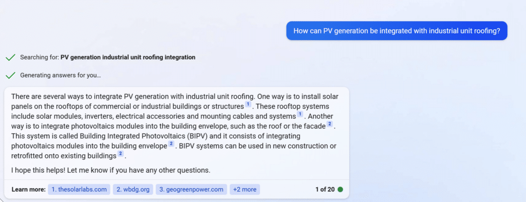 Bing Chat Response - How can PV generation be integrated with industrial unit roofing?