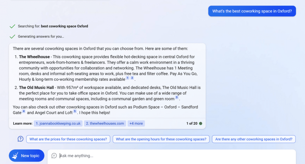 Bing Chat Response - What's the best coworking space in Oxford?