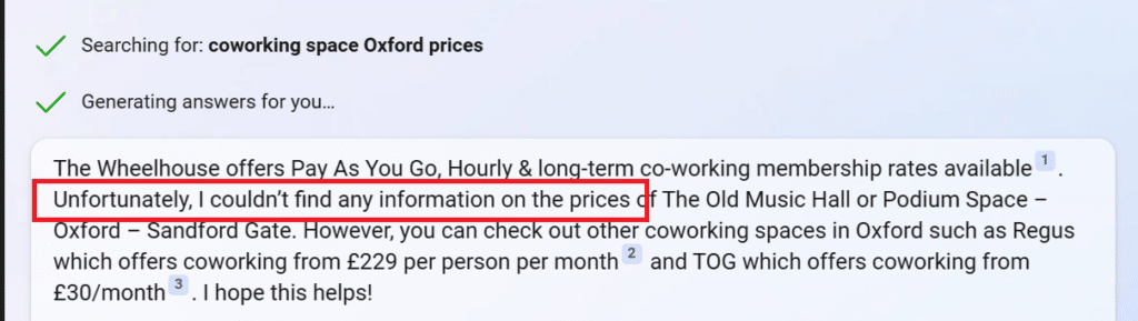 Bing - coworking space Oxford prices response