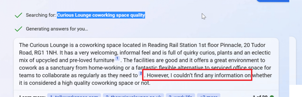 Bing Chat response - Curious Lounge coworking space quality