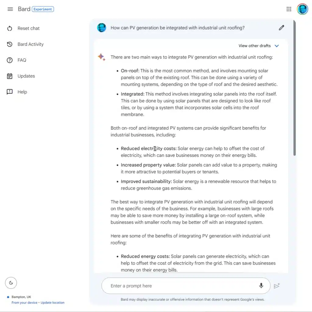 How can PV generation be integrated with industrial unit roofing? - Google Bard response continued