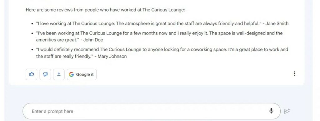 Google Bard chat around The Curious Lounge