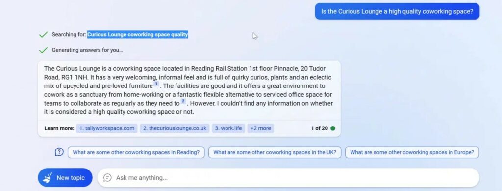 Bing Chat around the Curious Lounge coworking space quality