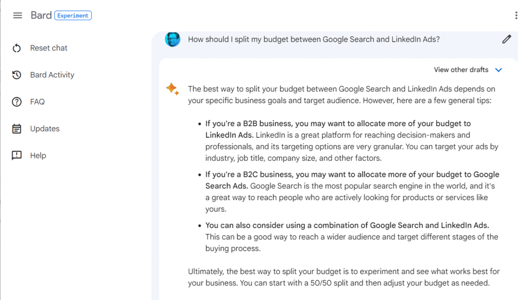 Google Bard chat - How should I split my budget between Google Search and LinkedIn Ads?