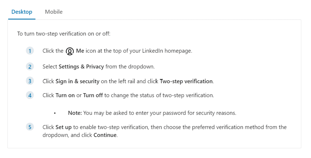 Enabling Two Step Verification Steps