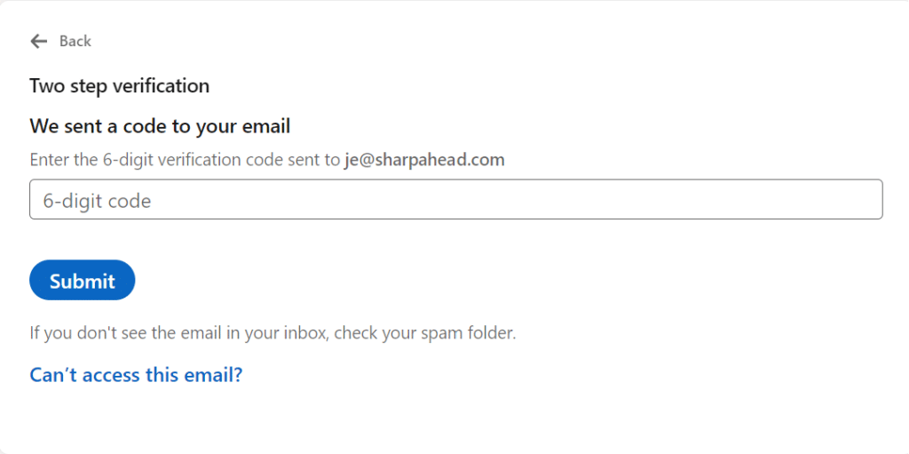 6-digit Code Sent for LinkedIn Two Step Verification