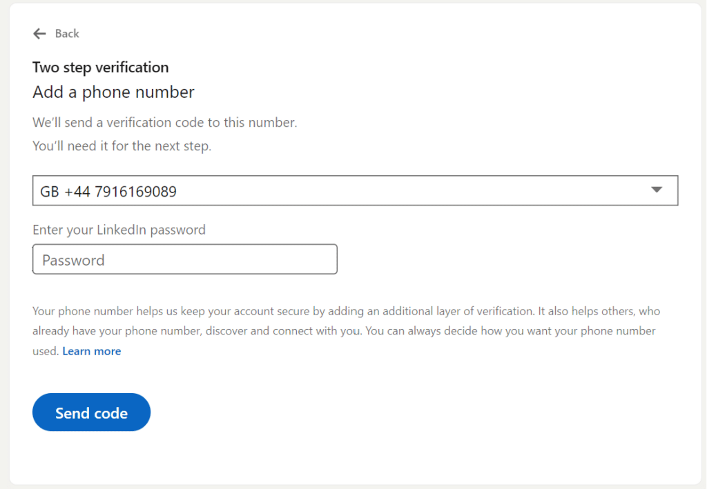 Adding a Phone Number for LinkedIn Two Step Verification