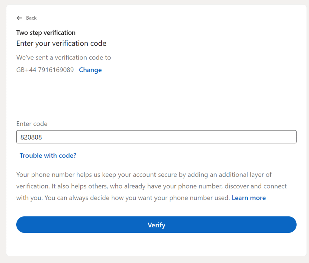 Entering Verification Code for LinkedIn Two Step Verification