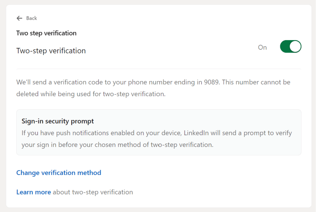 Enabling Two Step Verification LinkedIn